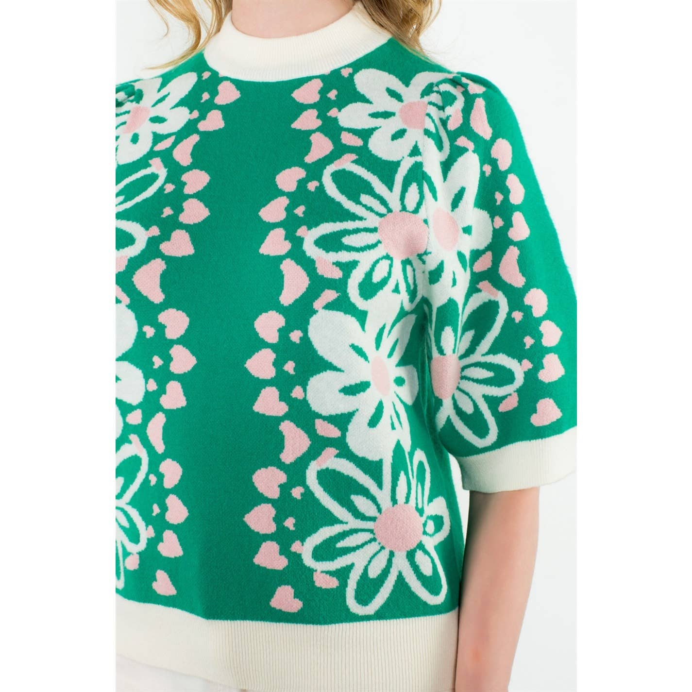 Flower Knit Sweater Top: GREEN / XS