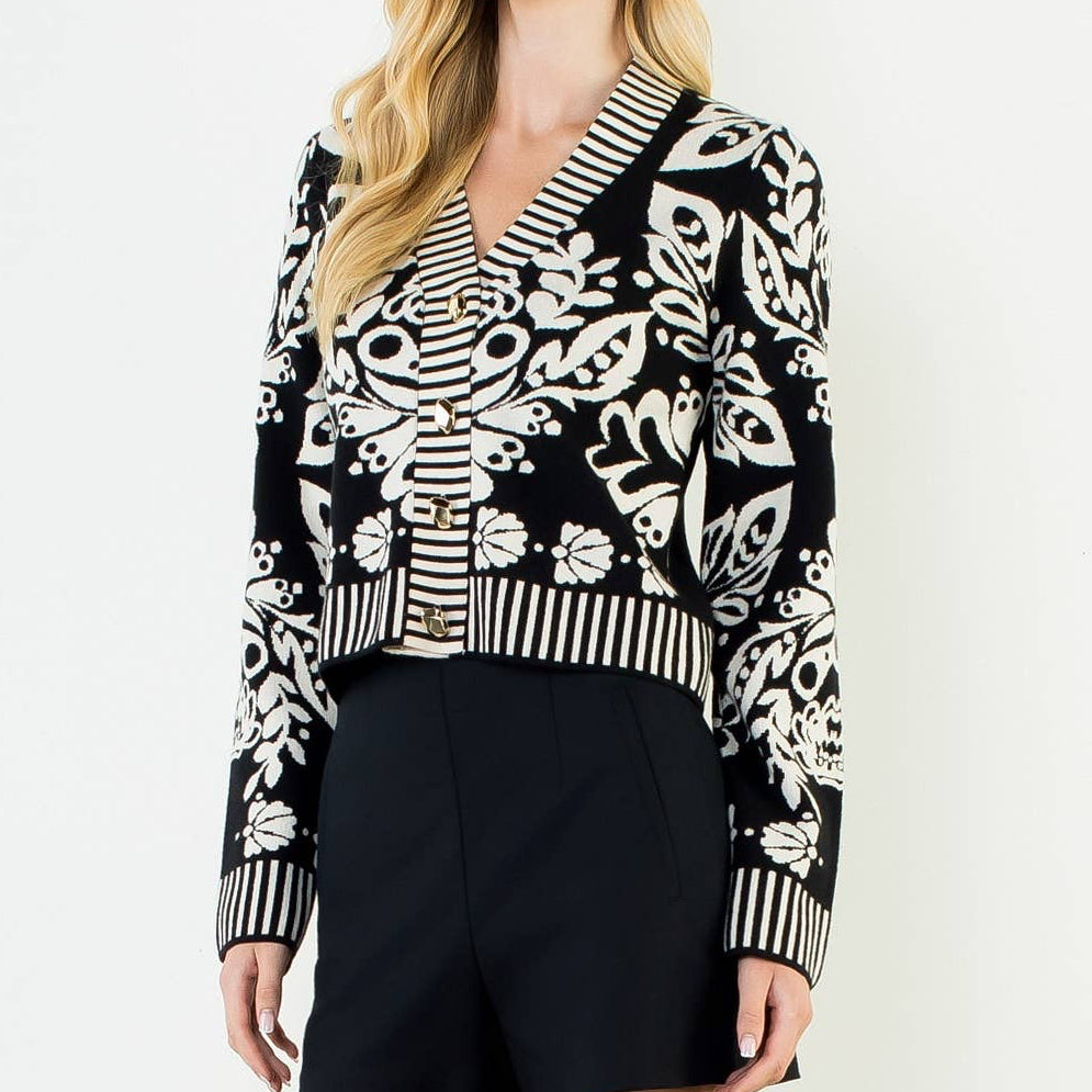 Floral V-Neck Cardigan With Gold Buttons