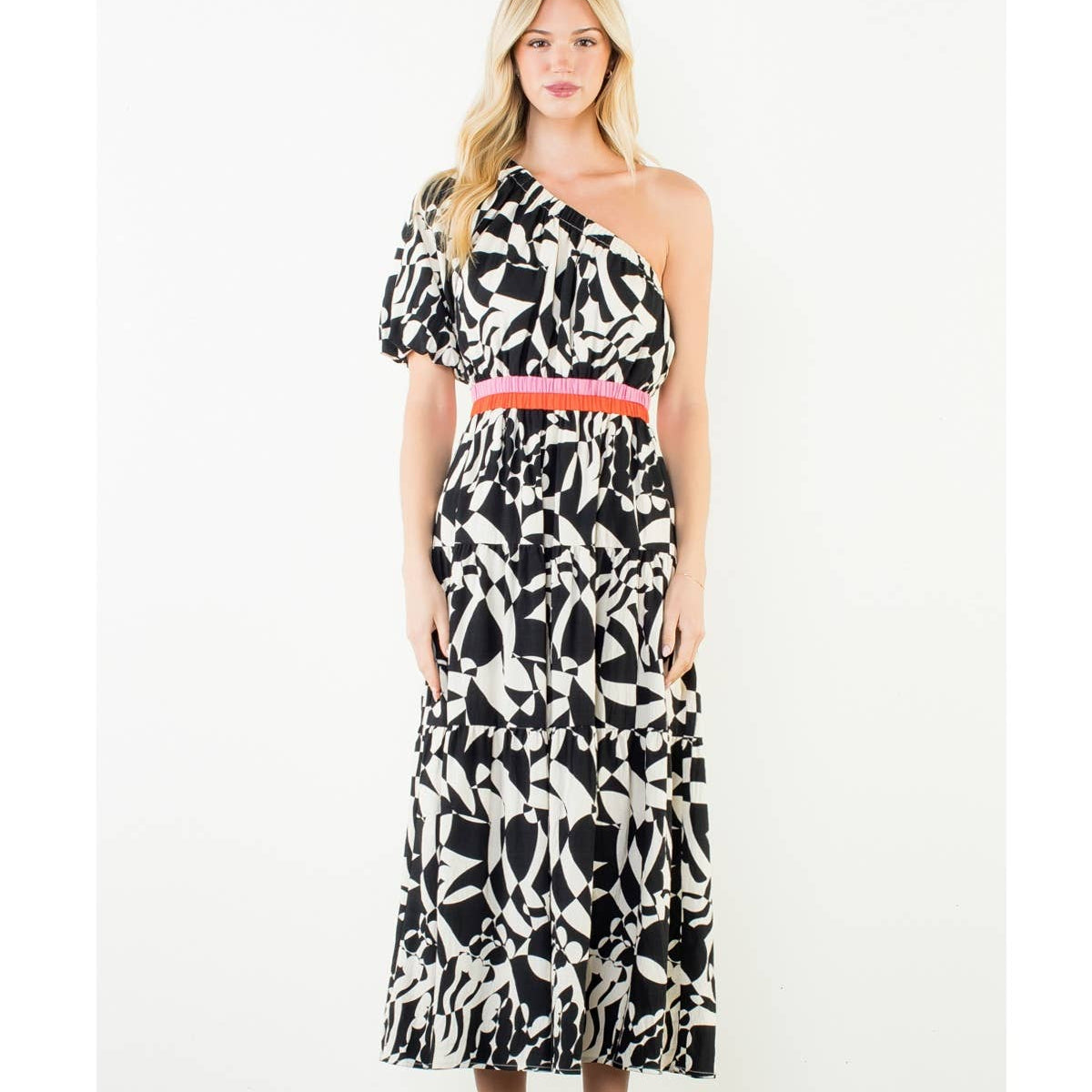 One Shoulder Pattern Detail Maxi Dress
