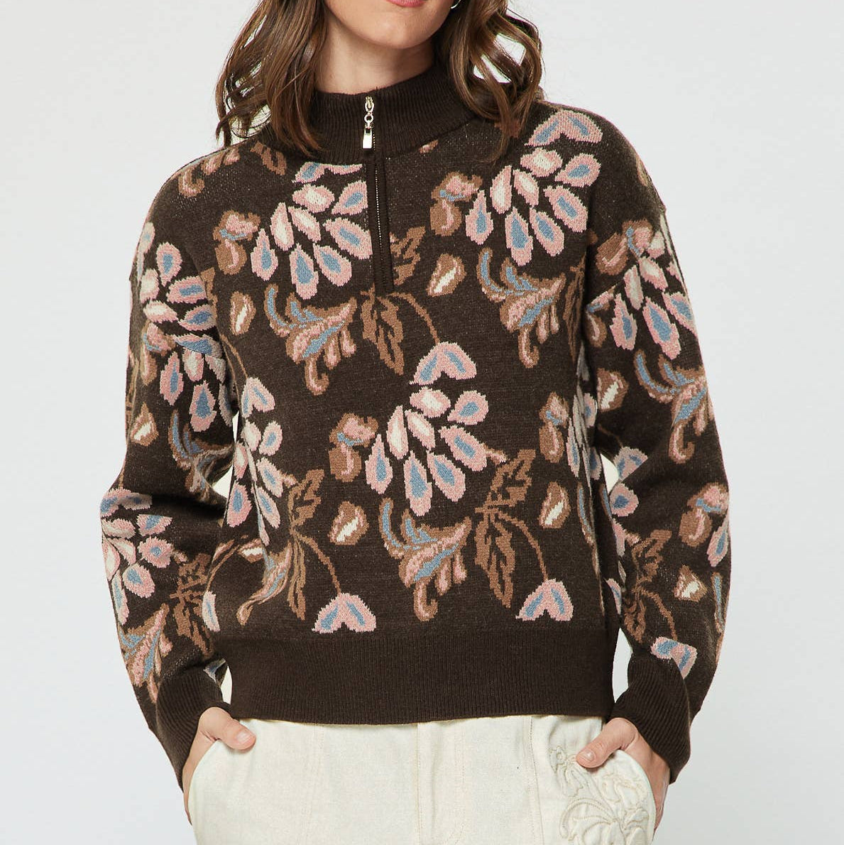 Pattern Jacquard Half Zip-up Sweater