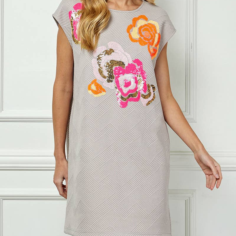 Oatmeal Sequin Floral shift Dress