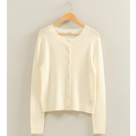 Crew Neck Long Sleeve Buttoned Cardigan: WHIP CREAM