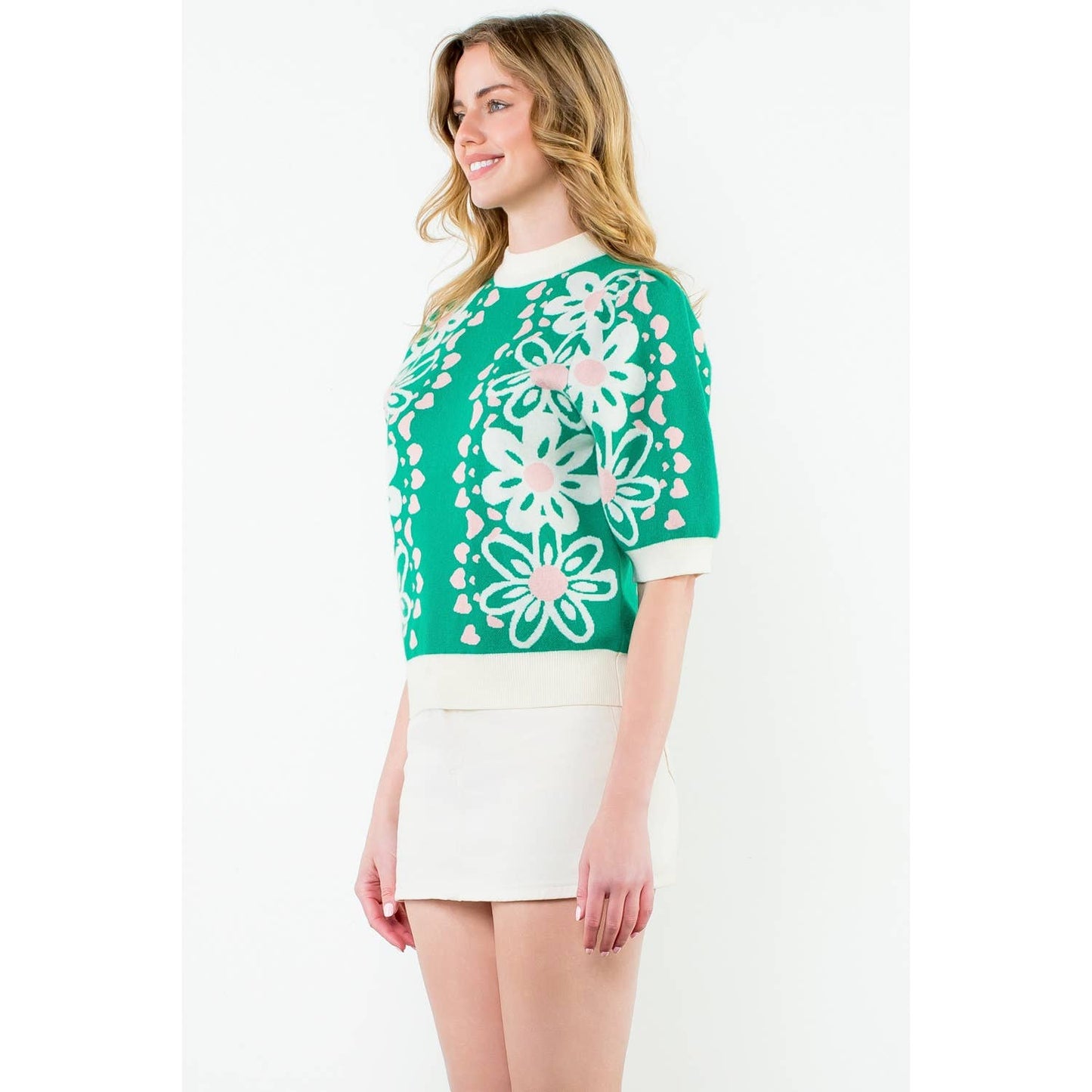 Flower Knit Sweater Top: GREEN / XS