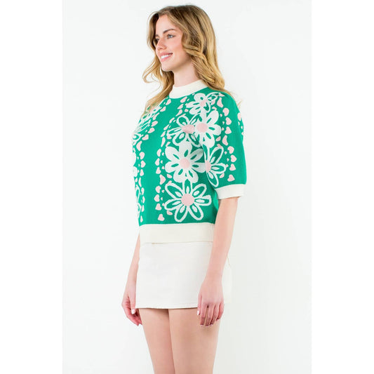 Flower Knit Sweater Top: GREEN / XS