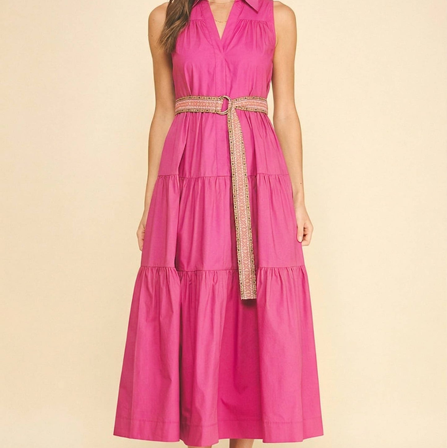 Tiered Midi Dress With Embroidered Belt