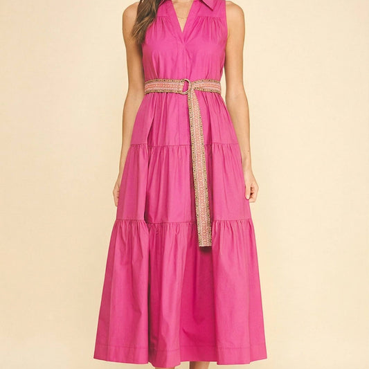 Tiered Midi Dress With Embroidered Belt