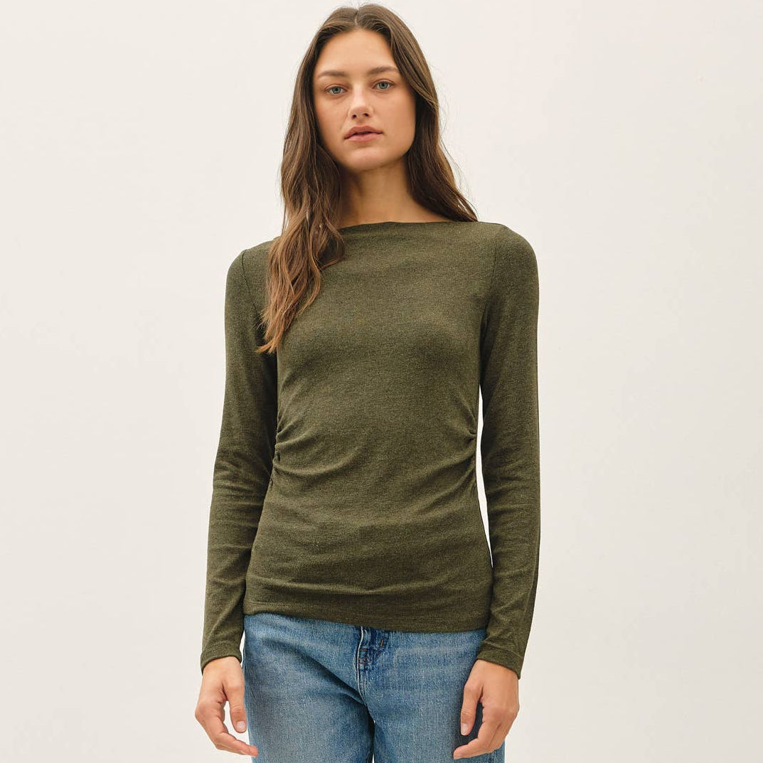 Modal Ribbed Boat Neck Shirred Waist Top