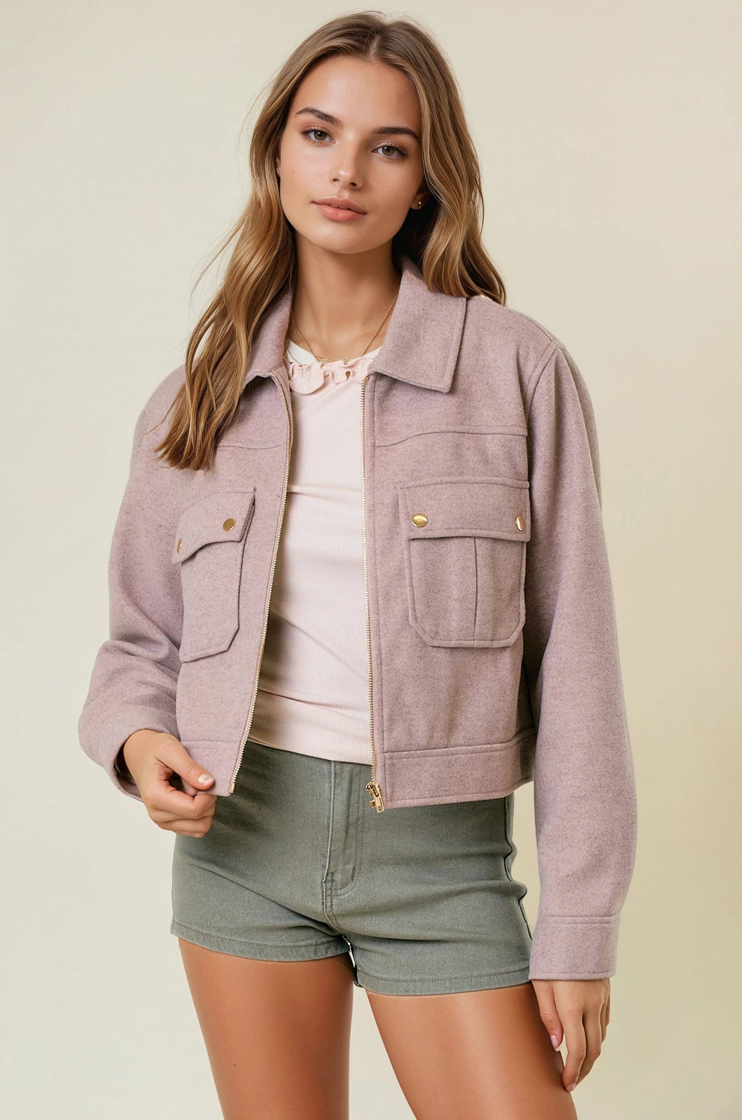 Collared Neck Long Sleeve Front Metal Zip Jacket