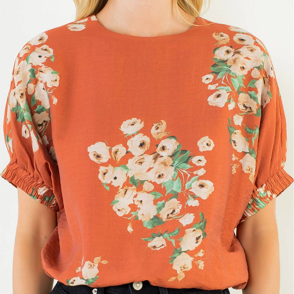 Orange Short Sleeve Loose Floral Top