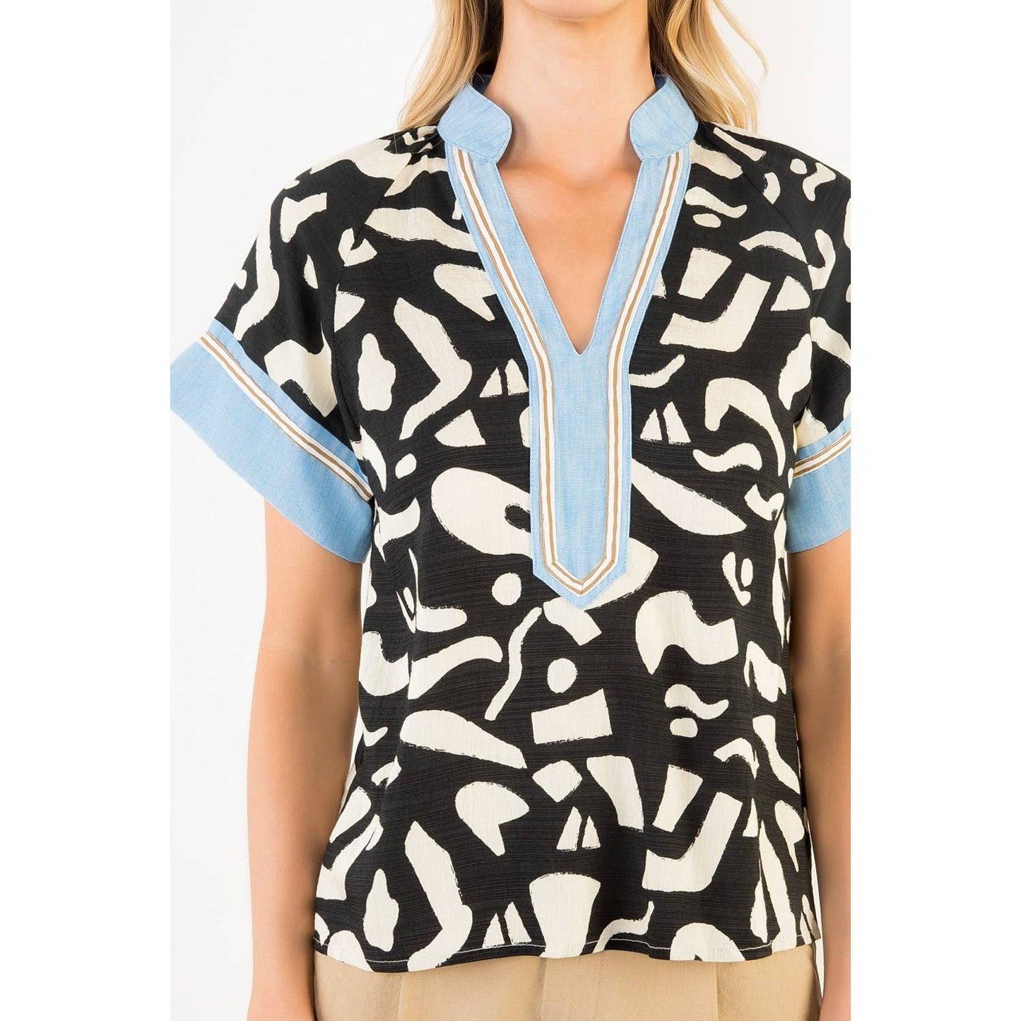 Abstract Print Top with Blue Trim