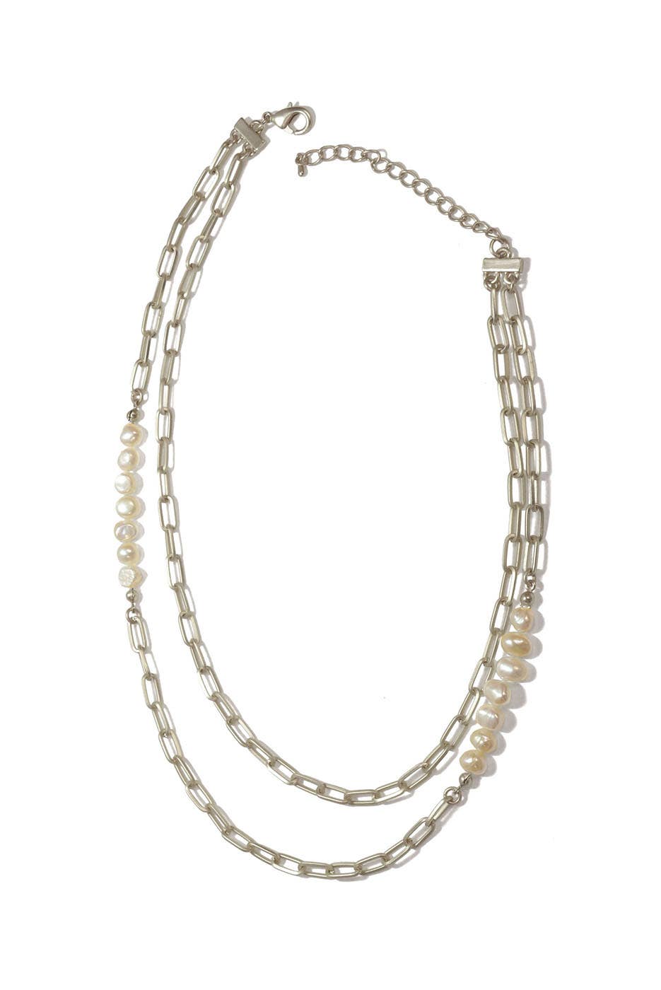 15"+ 2 Dbl FW Silver Pearl Chain Necklace