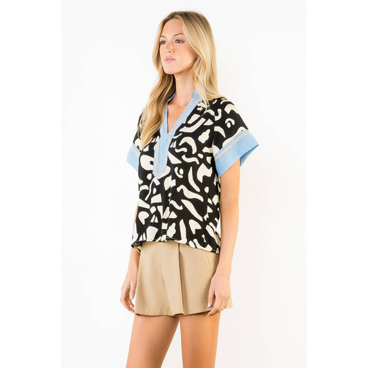 Abstract Print Top with Blue Trim