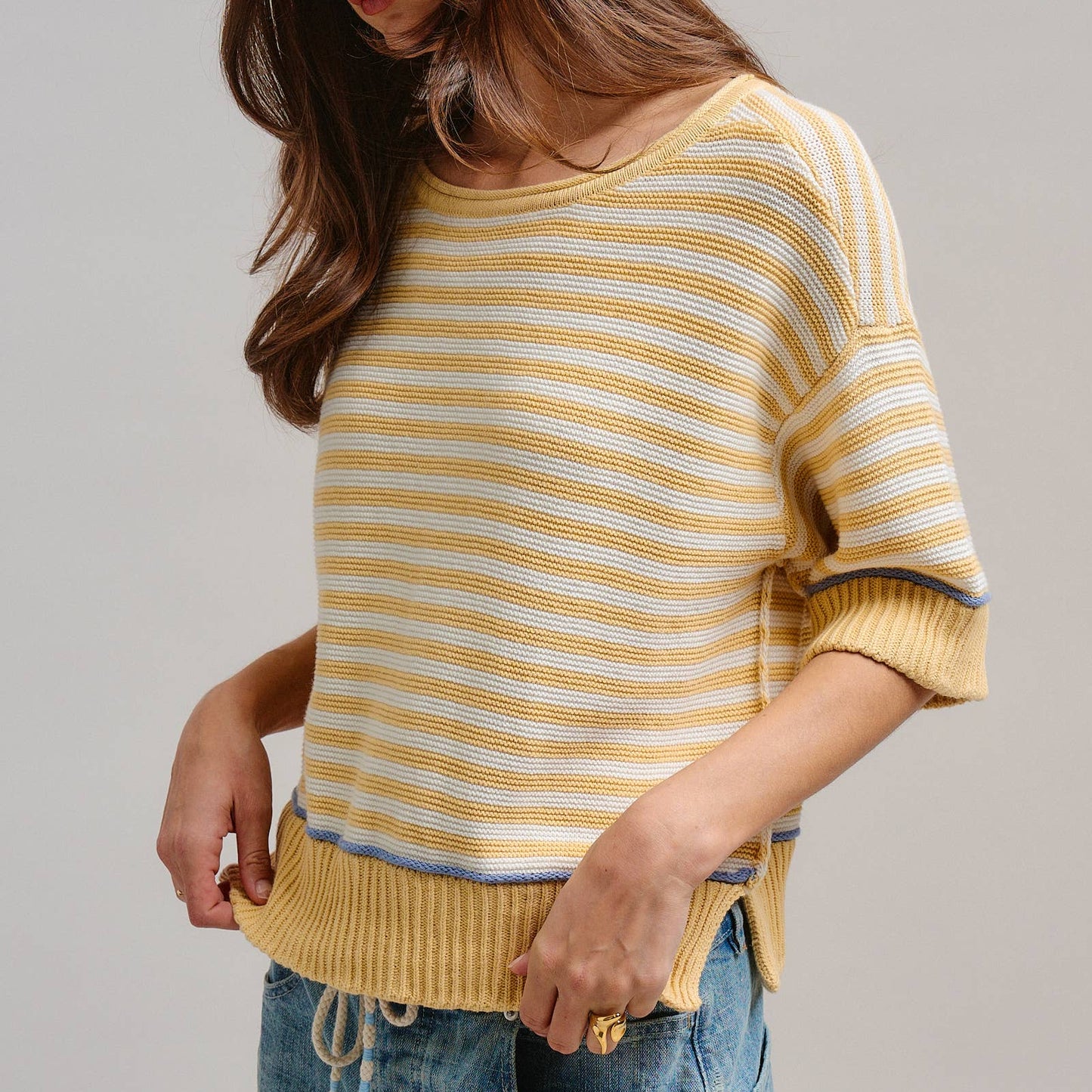 Yellow Striped Contrast Trim Sweater Tee