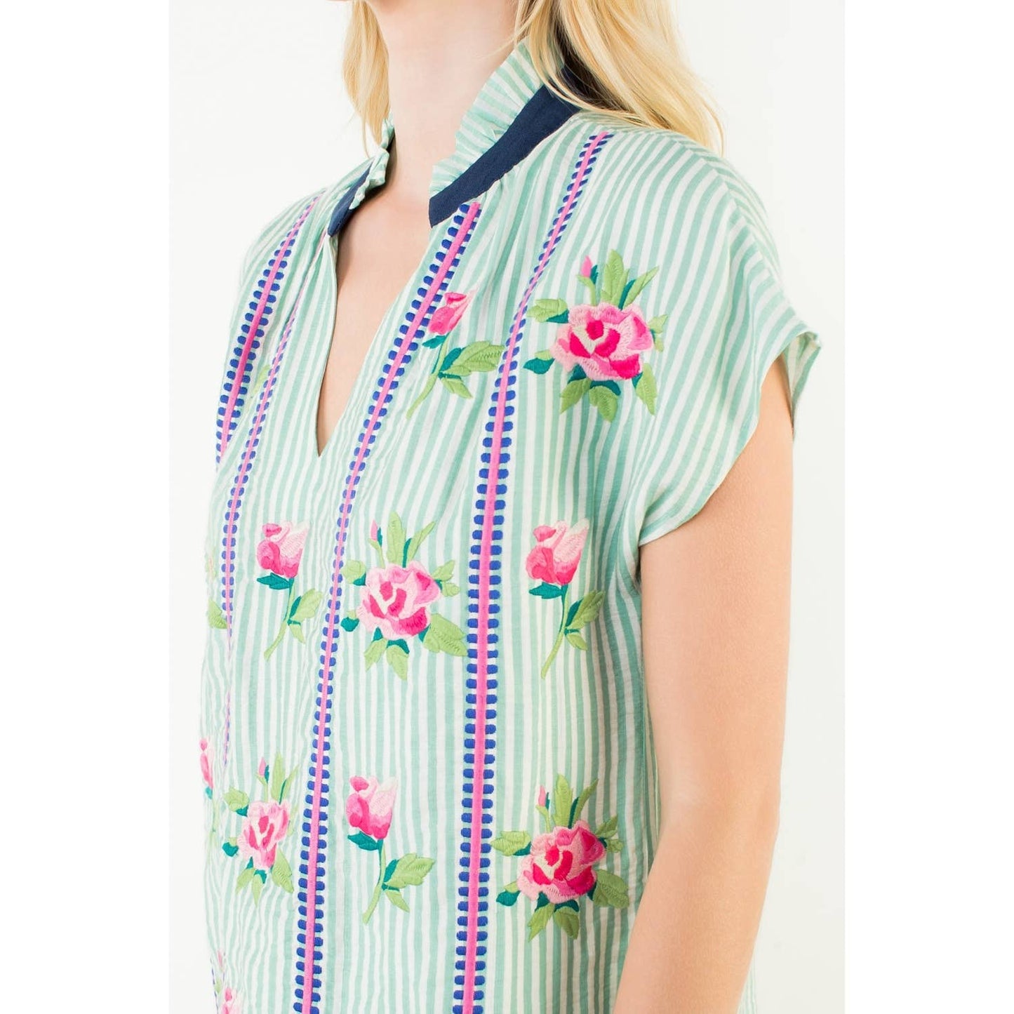 Embroidered Stripe V-Neck Top