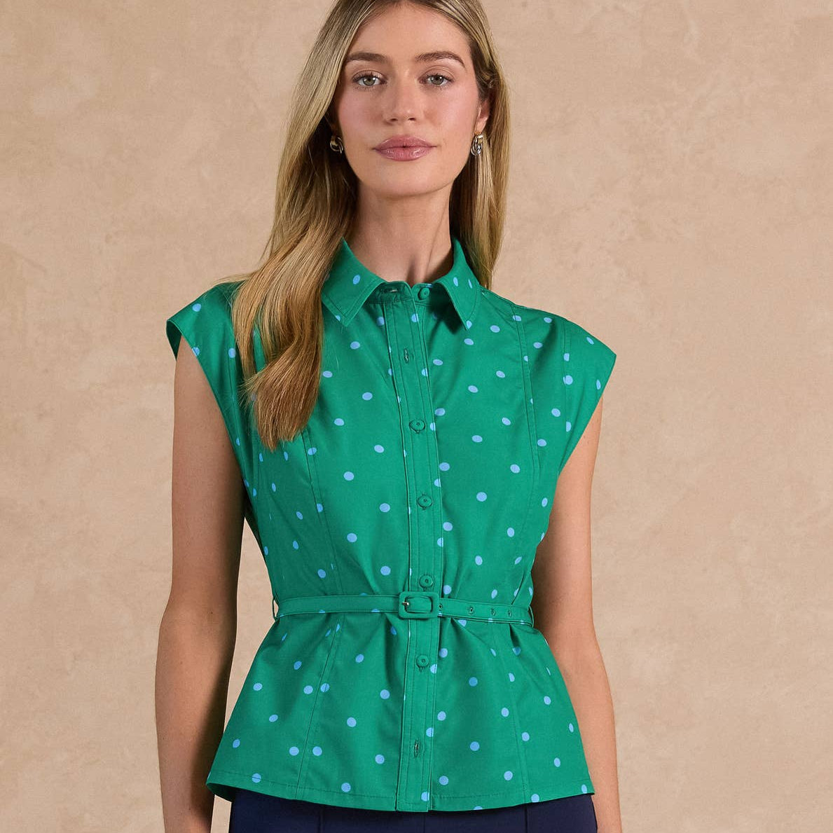 Green Multi Polka Dot Belted Shirt Blouse