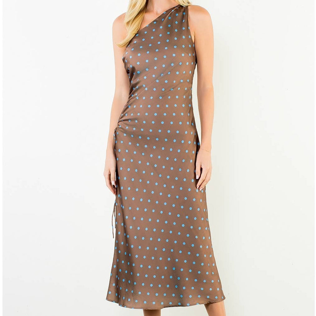One Shoulder Polka Dot Dress With Cinched Side