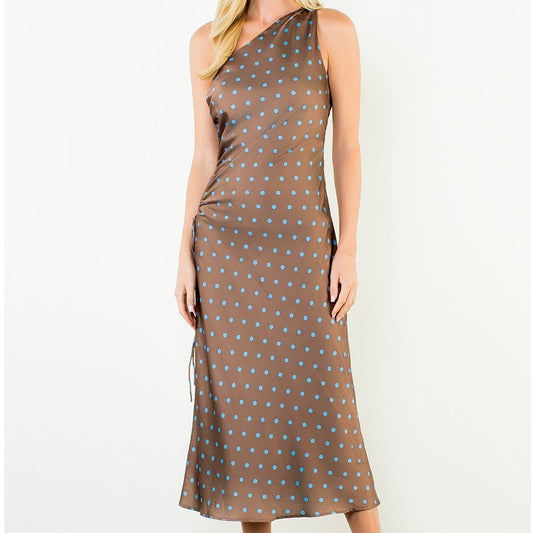 One Shoulder Polka Dot Dress With Cinched Side