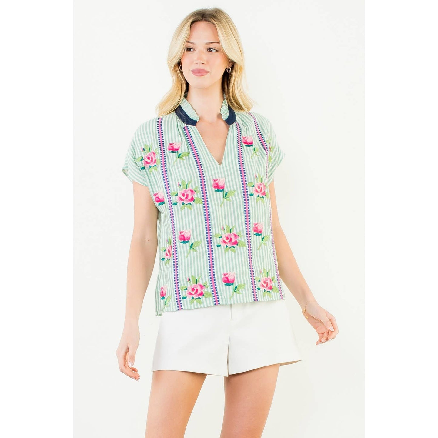 Embroidered Stripe V-Neck Top
