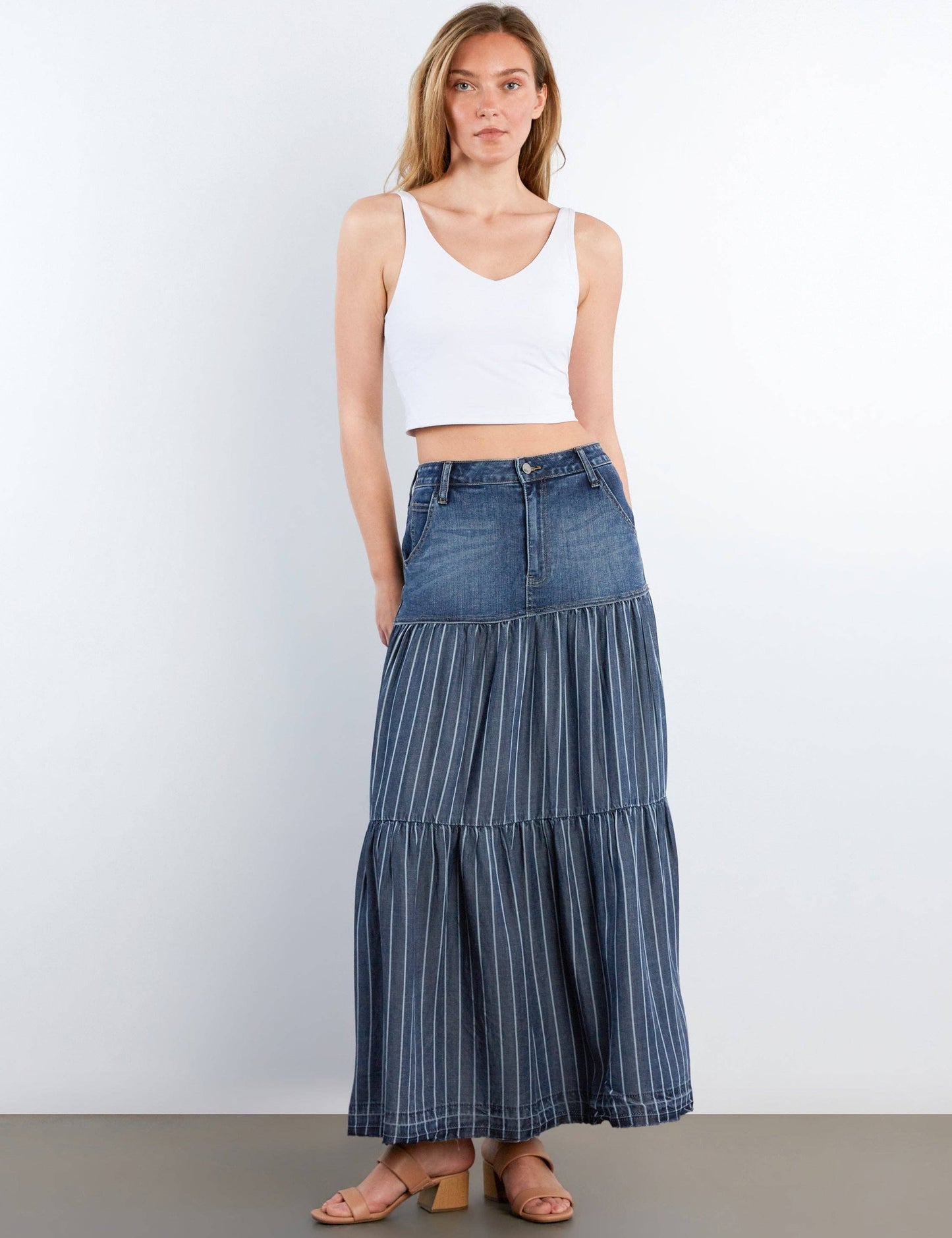 Contrast Tiered Denim Maxi Skirt