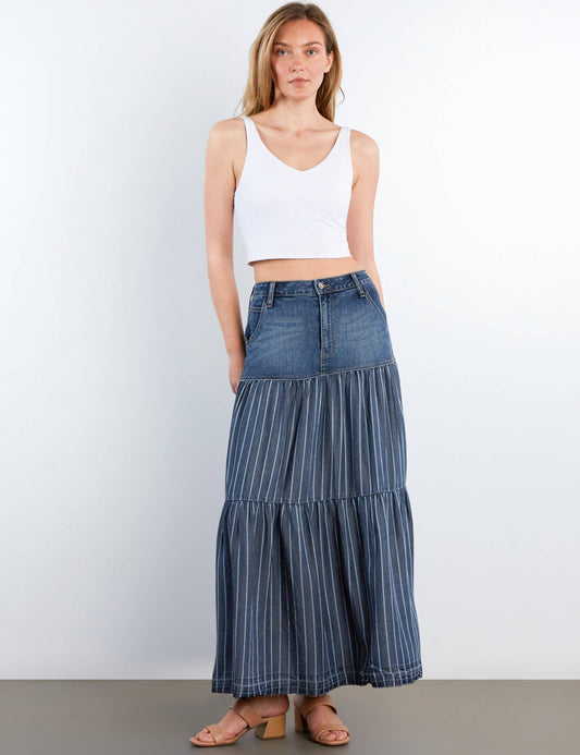 Contrast Tiered Denim Maxi Skirt