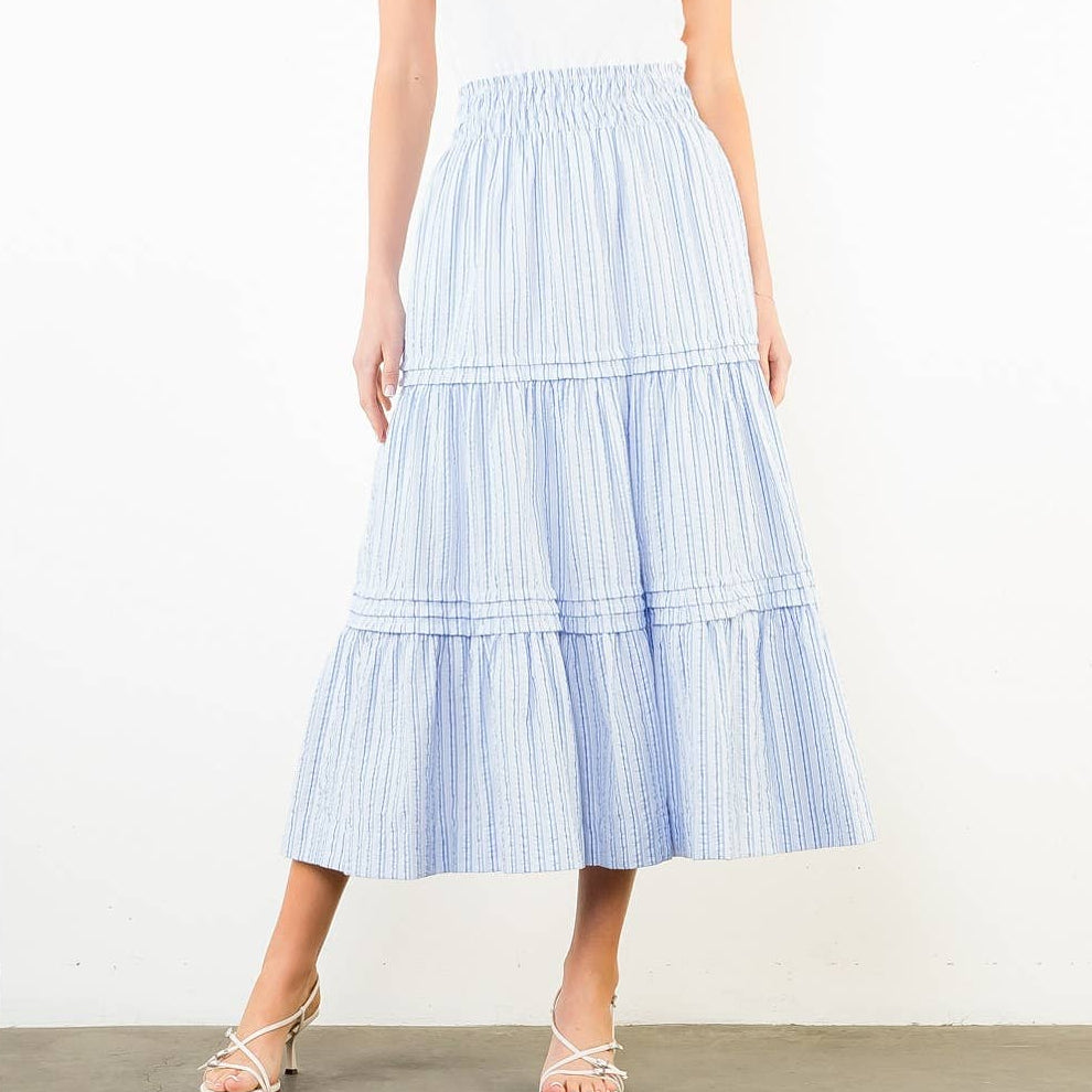 Blue Textured Striped Tiered Skirt