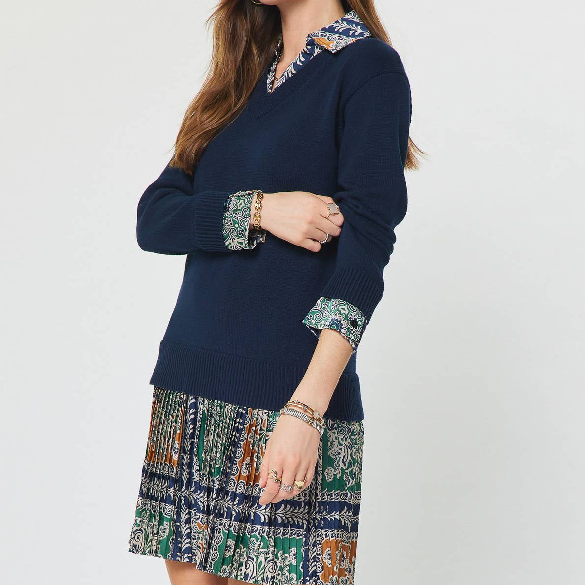 Tile Print Woven Combo Sweater Dress