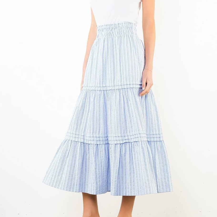 Blue Textured Striped Tiered Skirt