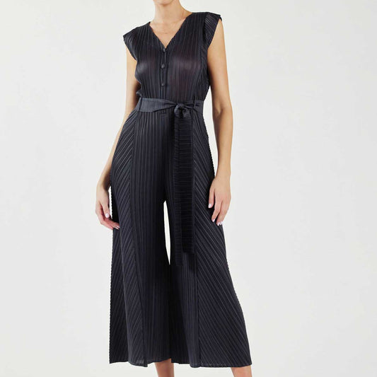 Pleated Sleeveless Button Front Jumpsuit