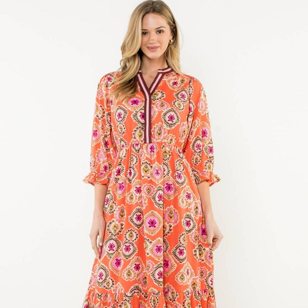 3/4 Sleeve Print Maxi Dress