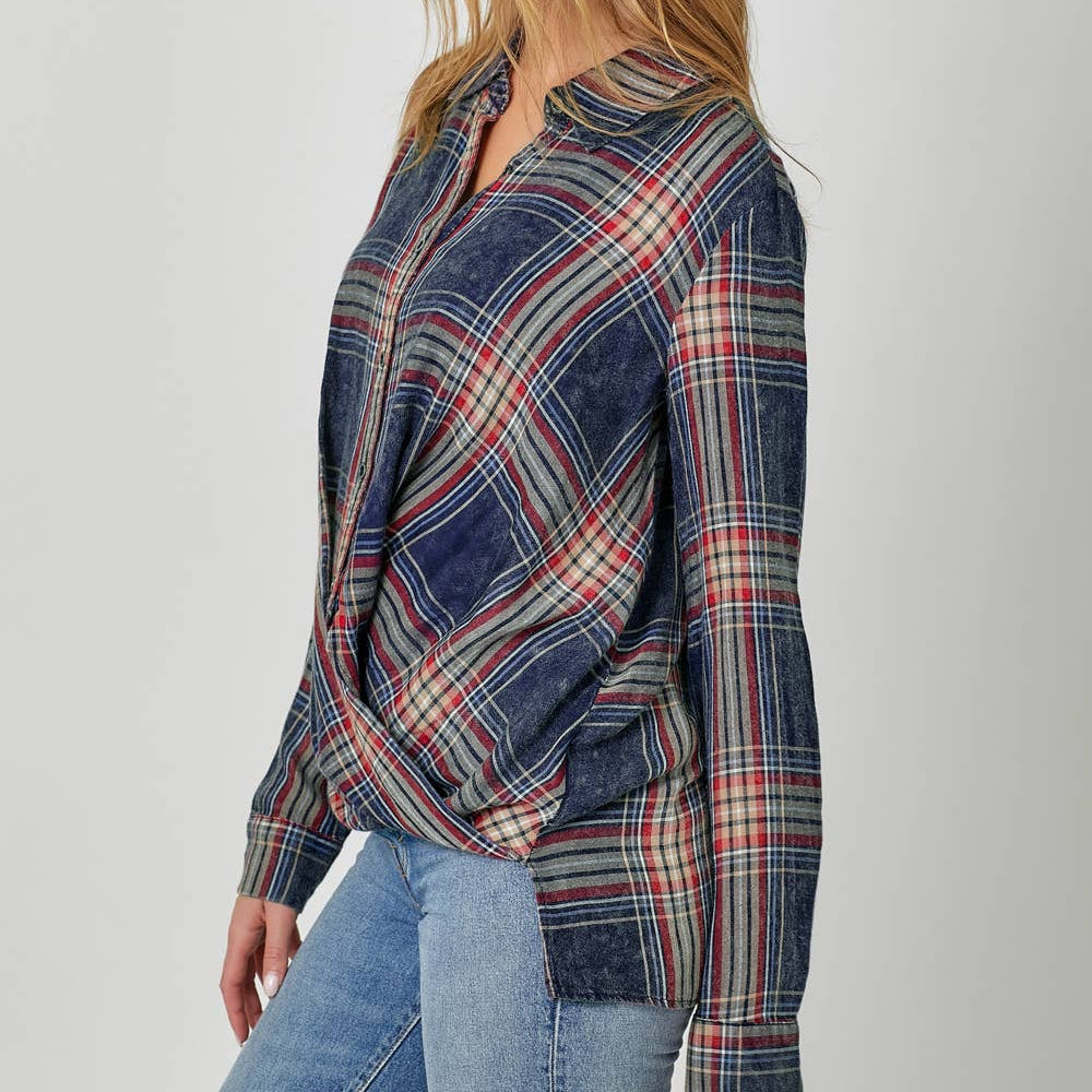 Washed Plaid Surplice Blouse