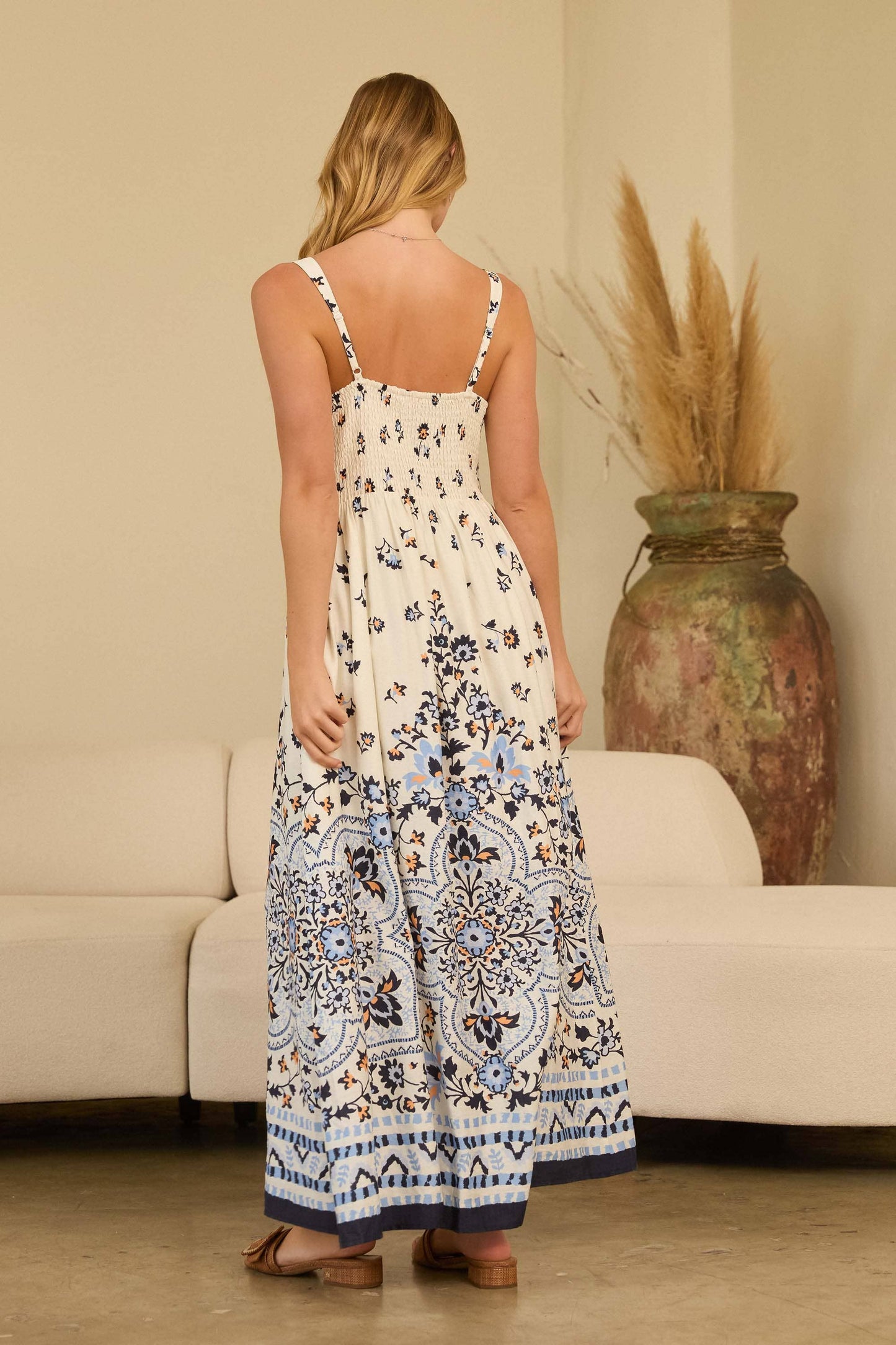 White and Blue Sleeveless Printed Maxi