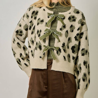 Front Bow Tied Leopard Cardigan