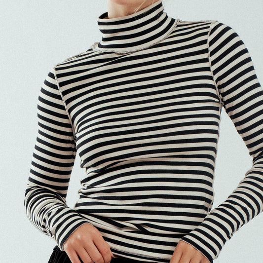Contrast Seam Turtleneck Knit Top