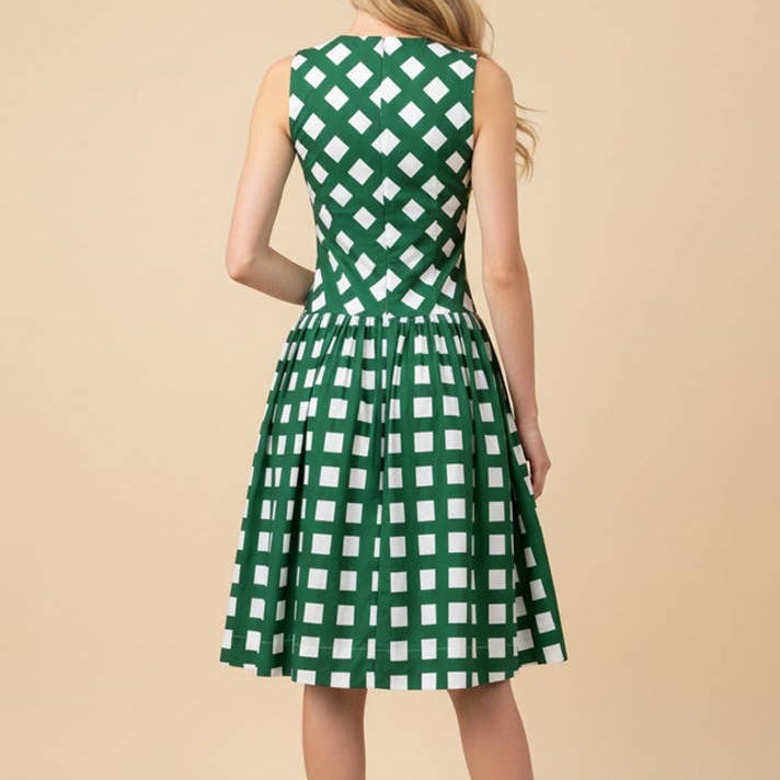 Green Gingham Flare Midi Dress