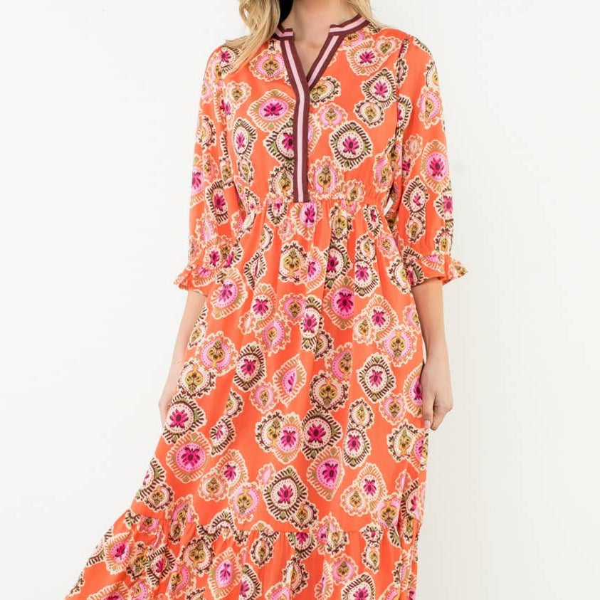 3/4 Sleeve Print Maxi Dress