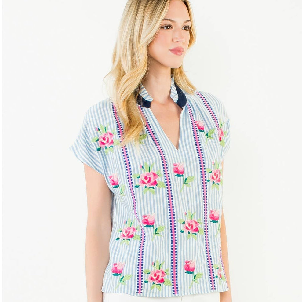 Embroidered Stripe V-Neck Top