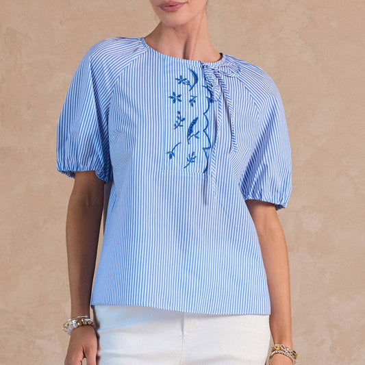 Blue Striped Embroidered Short Sleeve Blouse