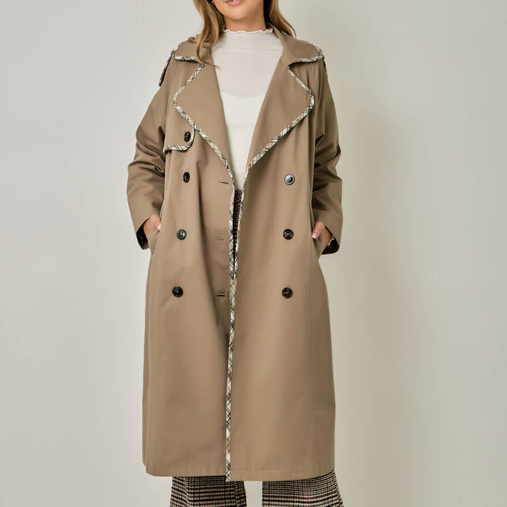 Plaid Trim Midi Trench Coat