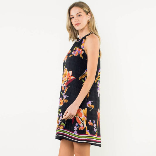 Black Sleeveless Floral Halter Dress