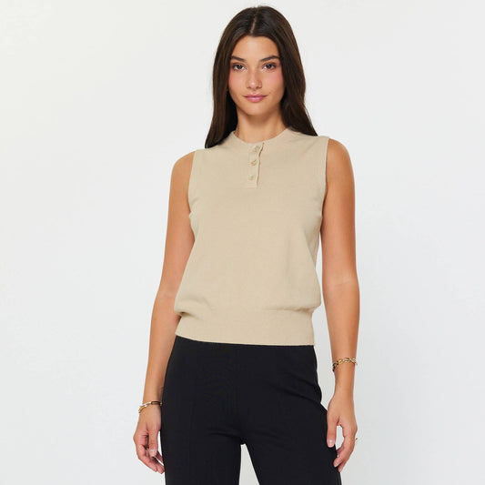 Light Taupe Sleeveless Henley Knit Tank