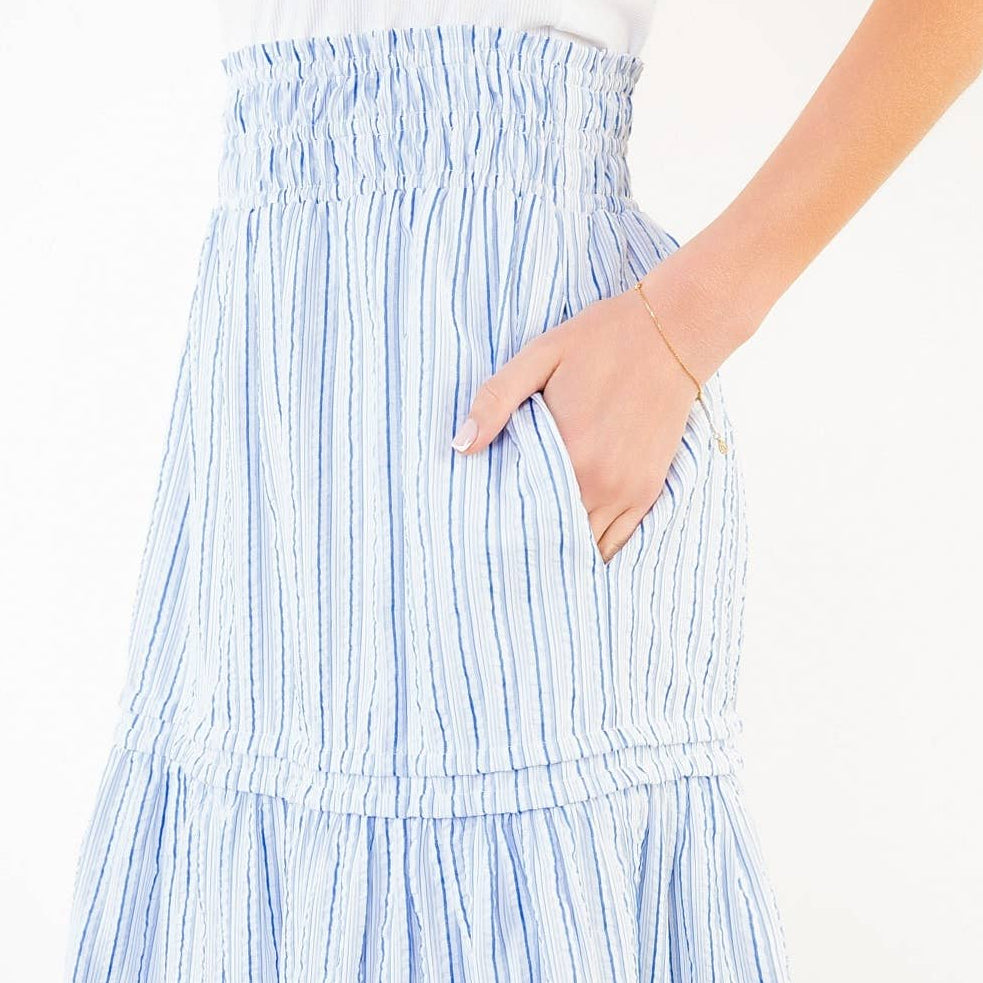 Blue Textured Striped Tiered Skirt