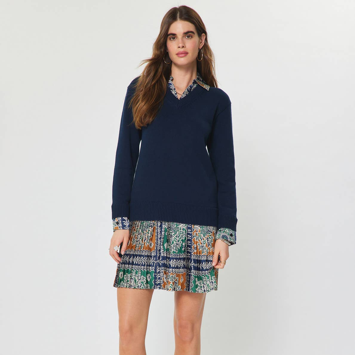 Tile Print Woven Combo Sweater Dress
