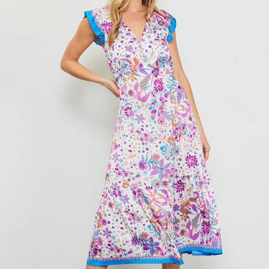 Capri Blue Border Print Short Sleeve Midi Dress