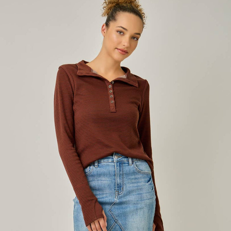 High Neck Striped Henley Top