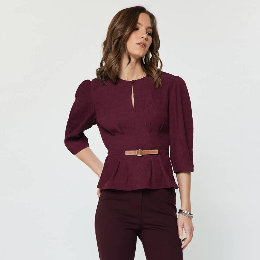 Textured Belted 3/4 Sleeve Top