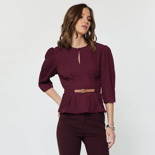 Textured Belted 3/4 Sleeve Top