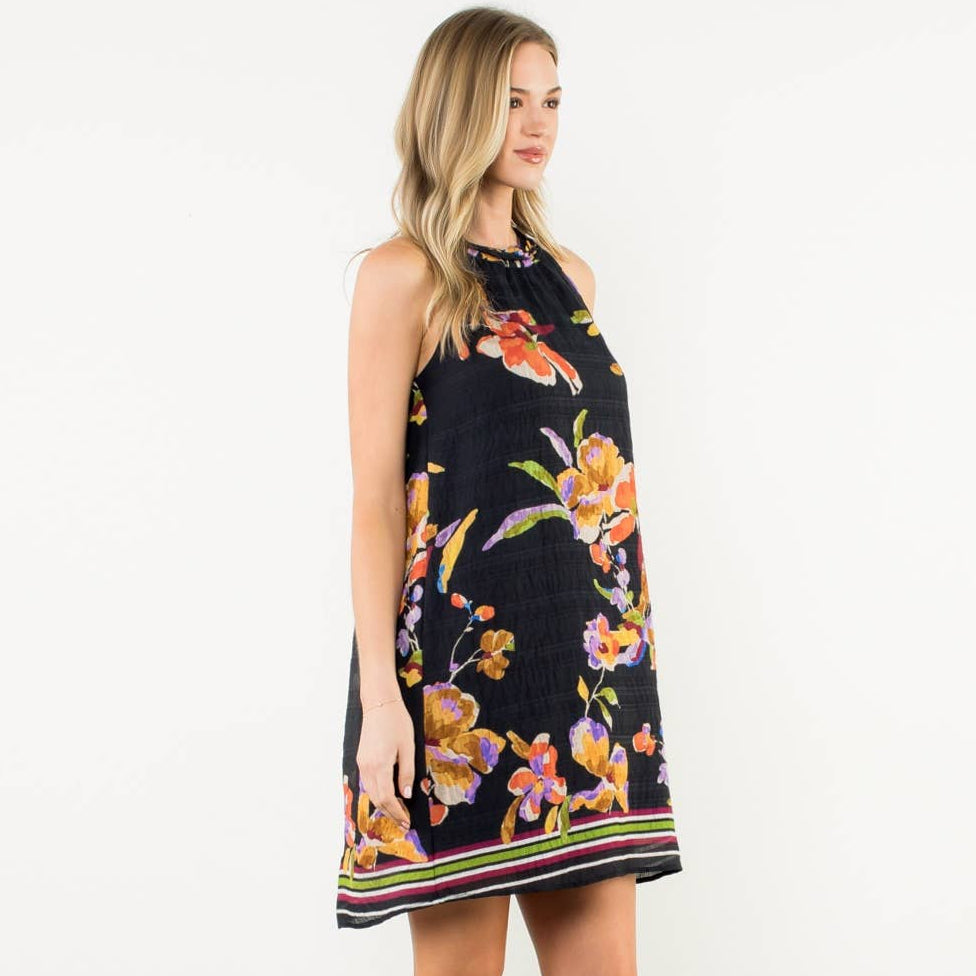 Black Sleeveless Floral Halter Dress