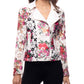 Printed Floral Lace Moto Jacket with Denim Trim