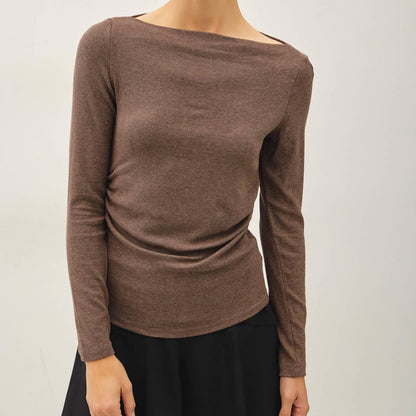 Modal Ribbed Boat Neck Shirred Waist Top