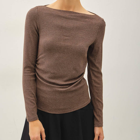 Modal Ribbed Boat Neck Shirred Waist Top